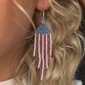 Beaded Fringe Boho Patriotic Earrings Red White Blue Handmade